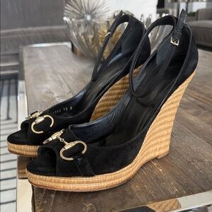 Gucci Black Suede Wedge Sandals with Gold Horsebit